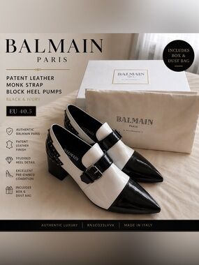 BALMAIN Paris Patent Leather Monk Strap Block Heel Pumps